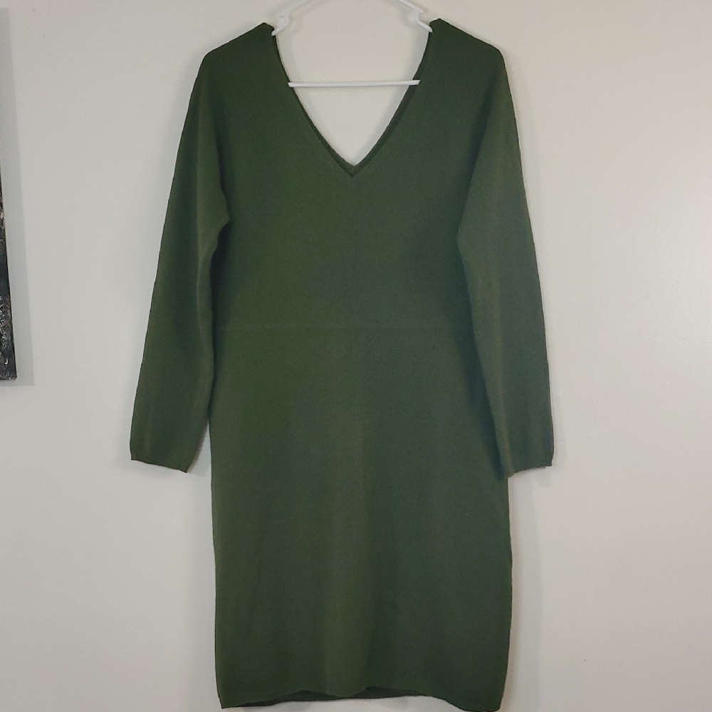 Cashmere V-Neck Sweater Dress Green Cottagecore BoHo Cozy